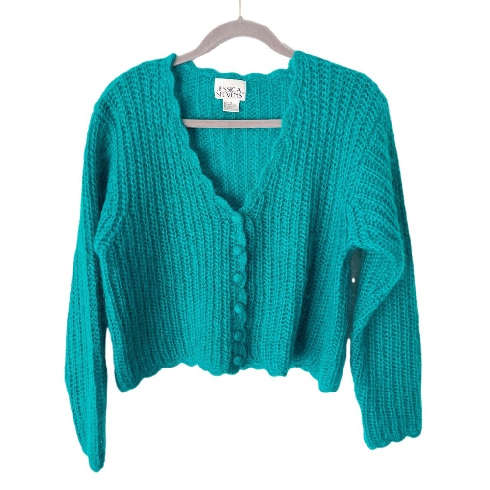 Vintage Jessica Stevens Mohair Wool Blend Cropped Scalloped Cardigan Size Medium